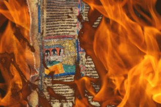 Image décorative : montage d'un manuscrit pris dans les flammes
