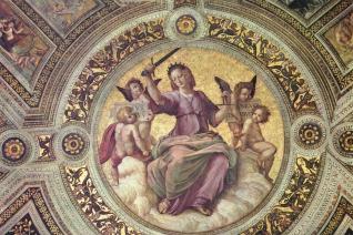 Image décorative : "La Justice", par Raphaël pour le pape Jules II, tondo qui orne le plafond de la Stanza della Segnatura, au Vatican (1508)