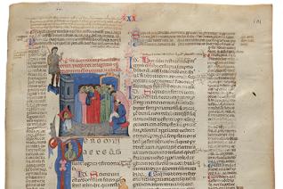 Image décorative : "Testateur dictant ses dernières volontés", dans "Justinien, Digestum infortiatum, Accurse, Apparartus ad Digestum infortiatum" © BnF, département des Manuscrits, Latin 4476, f. 101