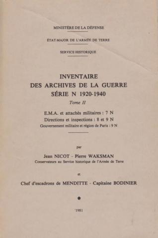 Couverture de l’Inventaire des archives de la guerre, série N 1920-1940, tome II