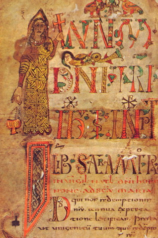 Vierge portant une croix et un encensoir. Sacramentaire de Gellone. Meaux (?) Fin du VIIIᵉ siècle. Paris, Bibliothèque Nationale, Lat. 12048. F° 1v