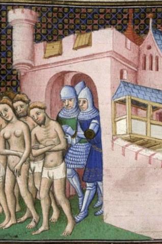 L'expulsion des habitants de la ville de Carcassonne en 1209, miniature extraite d'un manuscrit des Grandes Chroniques de France