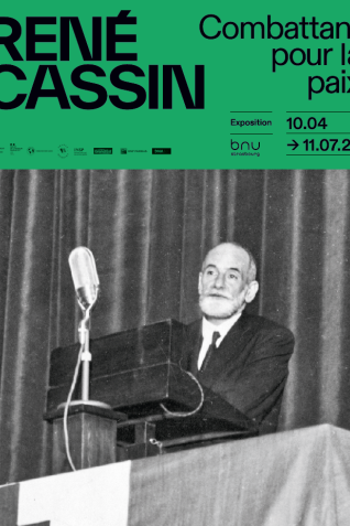 Affiche de l'exposition de la Bnu / Discours de René Cassin au Caire 27/01/1942, musée de l'Ordre de la Libération / graphisme : Hugues François-Brokism