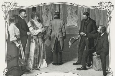Image décorative : pendant les répétitions de Varennes, 1904, dans Femina, 15 avril 1904. De gauche à droite : une comédienne, Gustave Lenotre, Sarah Bernhardt, un soldat de dos, un homme non identifié, Henri Lavedan. BnF - ASP 