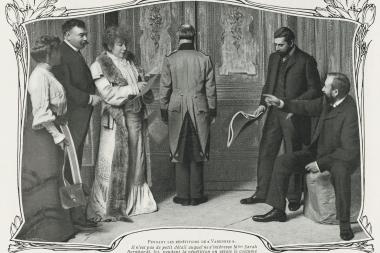 Image décorative : pendant les répétitions de Varennes, 1904, dans Femina, 15 avril 1904. De gauche à droite : une comédienne, Gustave Lenotre, Sarah Bernhardt, un soldat de dos, un homme non identifié, Henri Lavedan. BnF - ASP 