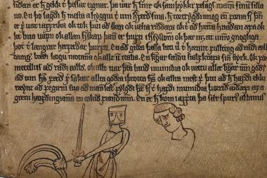 Image décorative : un chevalier avec une épée dans la marge d'un manuscrit islandais AM 595 a-b 4to, conservé à Den Arnamagnæanske Samlingin Copenhague © Photo Suzanne Reitz