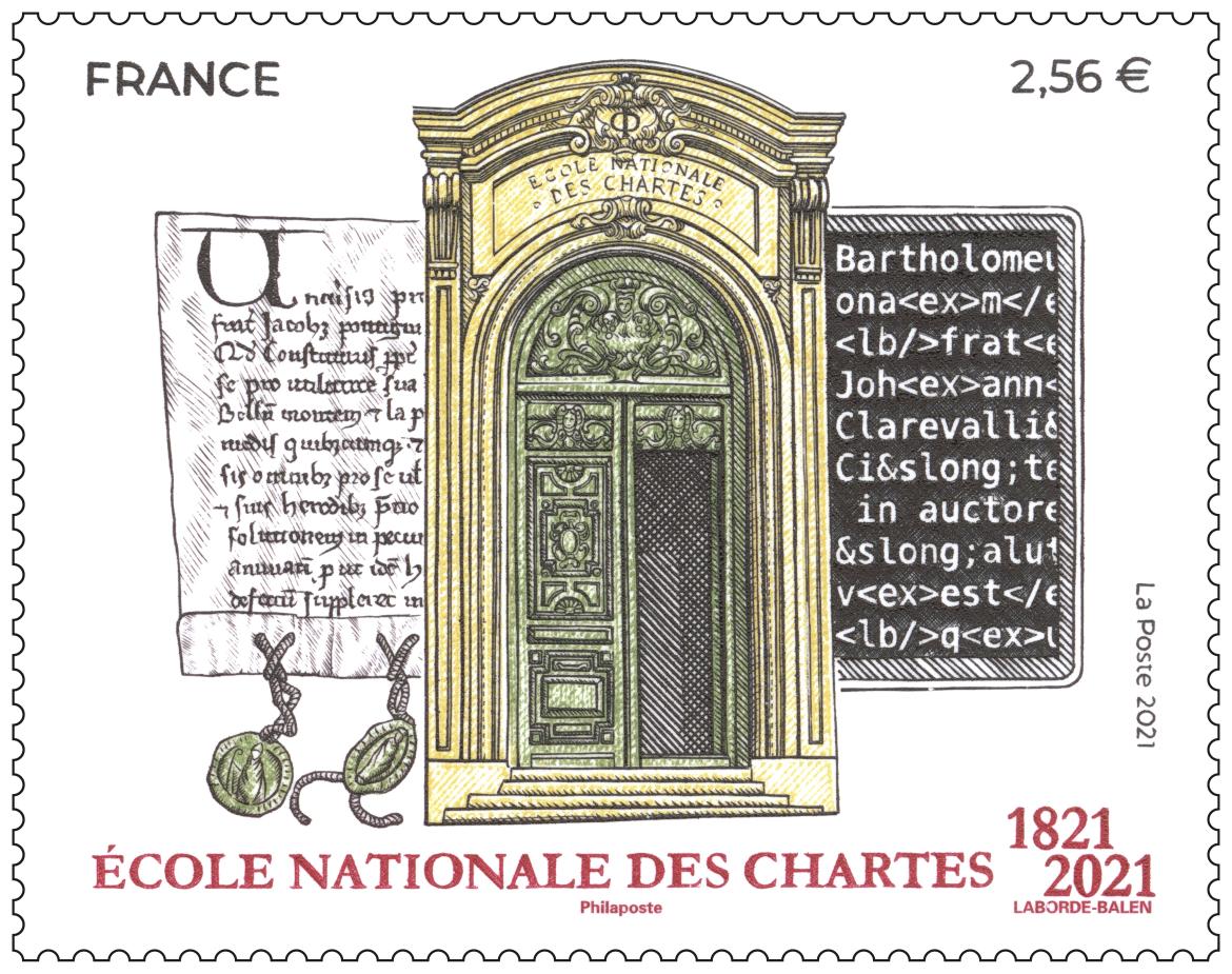 Représentation du timbre émis à l’occasion du bicentenaire de l’École : vue du portail d’entrée à la Sorbonne (au centre), charte médiévale (à gauche), et et son encodage numérique (à droite)