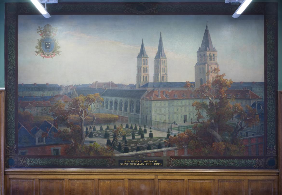 Louis Dumoulin (1860-1924), "Ancienne abbaye, Saint-Germain-des-Prés", peinture murale dans la grande salle de cours en Sorbonne