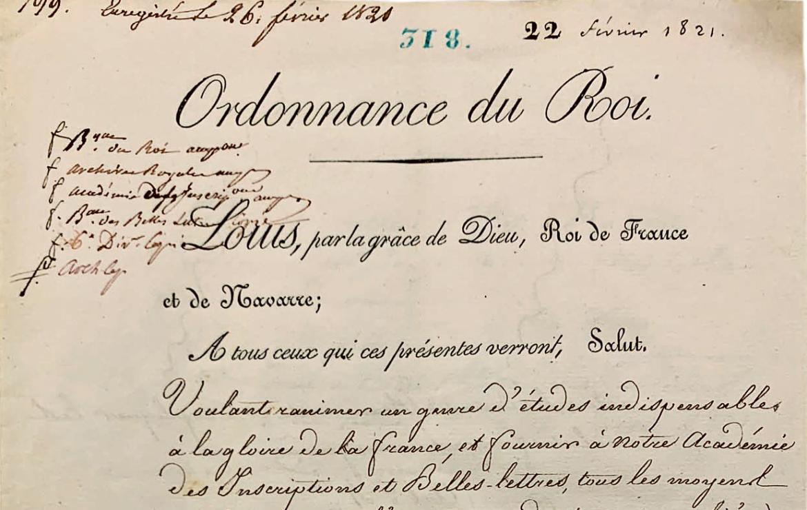 Photo de l'ordonnance du 22 février 1821 créant l’École des chartes