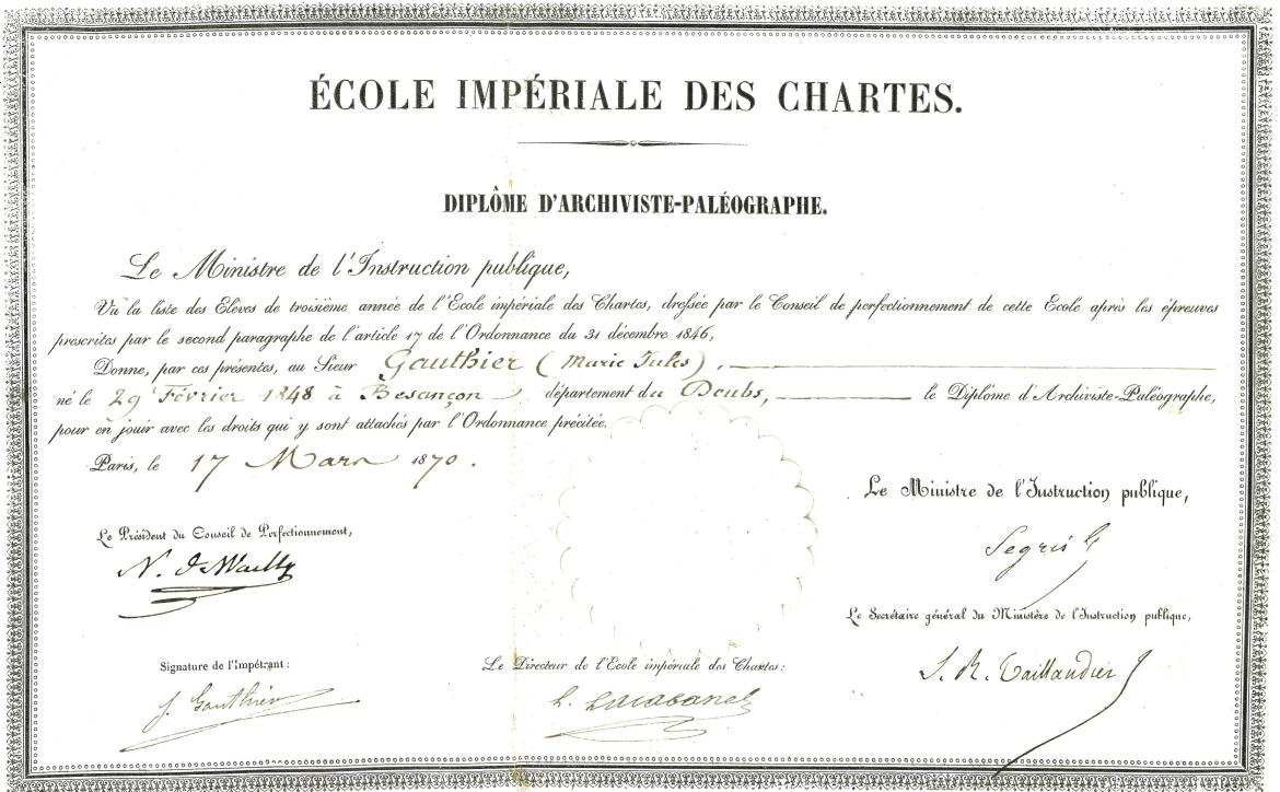 Image décorative : diplôme d'archiviste paléographe (1870)