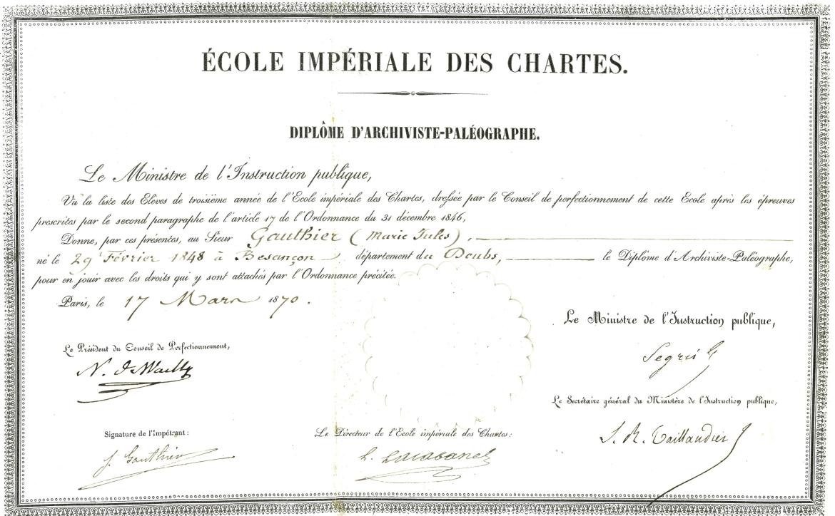 Diplôme d'archiviste paléographe (1870)