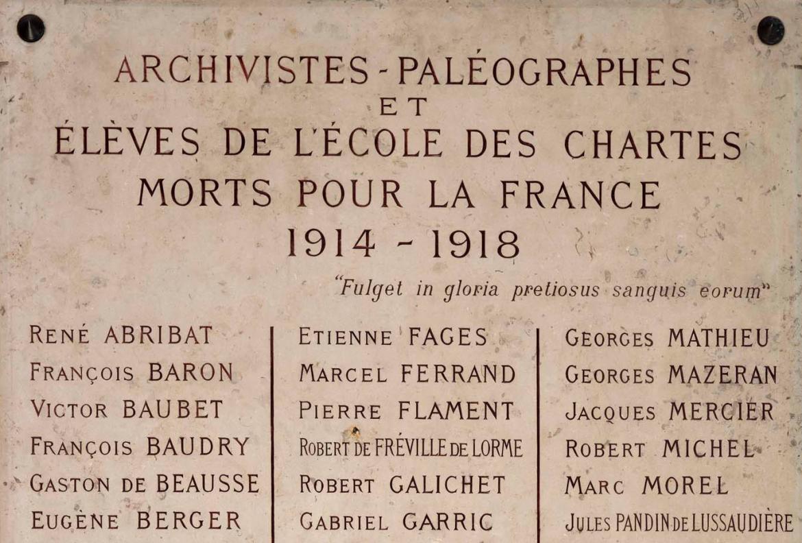 Plaque commémorative des archivistes paléographes et élèves de l'École morts pour la France 1914-1918