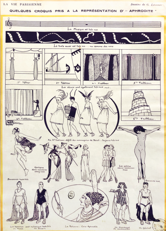 Image décorative : dessin de Léonnec pour Aphrodite, mise en scène de Cora Laparcerie, Théâtre de la Renaissance, 1914. La Vie parisienne : moeurs élégantes, choses du jour, fantaisies, voyages, théâtres, musique, modes, 28 mars 1914. BnF - ASP