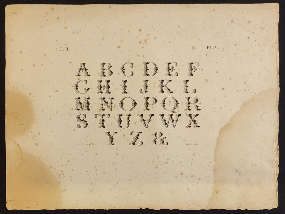 Image décorative : Alphabets contre-épreuvés des écritures les plus usités en lithographie, commencés par A. Letacq et continués par Sr E. Martislaco. IIe cahier © Bibliothèque de l‘École nationale des chartes - PSL