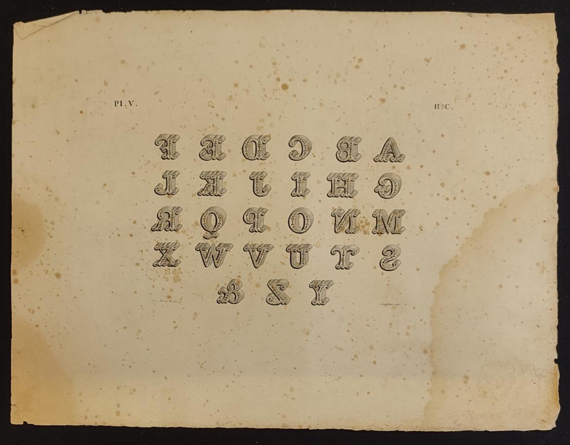 Image décorative : Alphabets contre-épreuvés des écritures les plus usités en lithographie, commencés par A. Letacq et continués par Sr E. Martislaco. IIe cahier © Bibliothèque de l‘École nationale des chartes - PSL