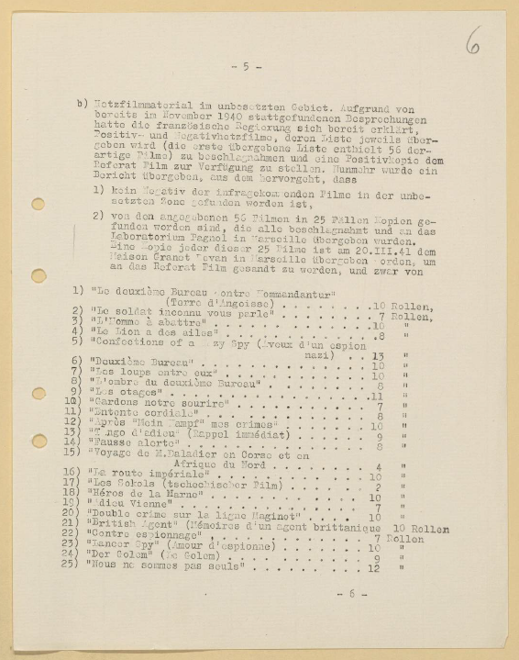 Image décorative : figure 1. « Rapport d’activité pour la semaine du 1er au 7 mai 1941 », dans lequel apparaît une liste de 25 films de propagande saisis, 7 mai 1941, BA-MA, RW 35/221, p. 5.