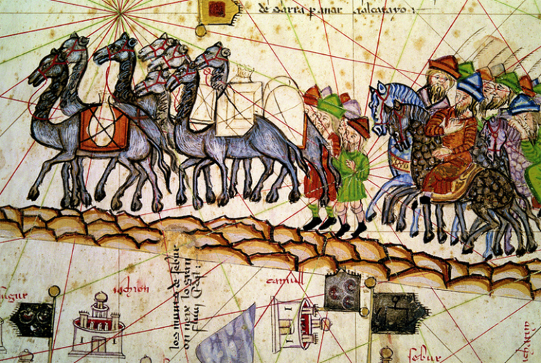 Image décorative : détail d’une carte représentant la route de la soie empruntée par Marco Polo (Atlas catalan, manuscrit enluminé sur parchemin, 1375).