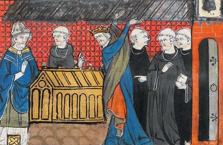 Image décorative : couverture : Clovis II fait ôter la couverture en argent du toit de l’abbatiale de Saint-Denis et s’attire l’hostilité des moines. Grandes Chroniques de France, KBR (Bruxelles), cabinet des Manuscrits, ms. 5, f. 91r. Cliché KBR (Bruxelles)