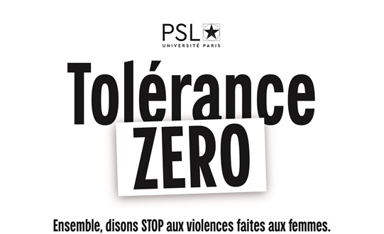 Image décorative : affiche PSL de la journée internationale de lutte contre les violences faites aux femmes sur laquelle est inscrit "Tolérance zéro. Ensemble, disons STOP aux violences faites aux femmes"