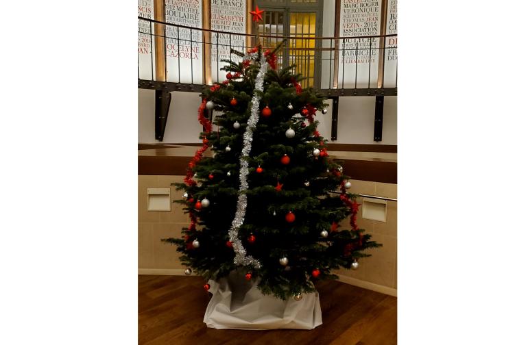 Sapin de Noël dans la rotonde d'accueil de la bibliothèque