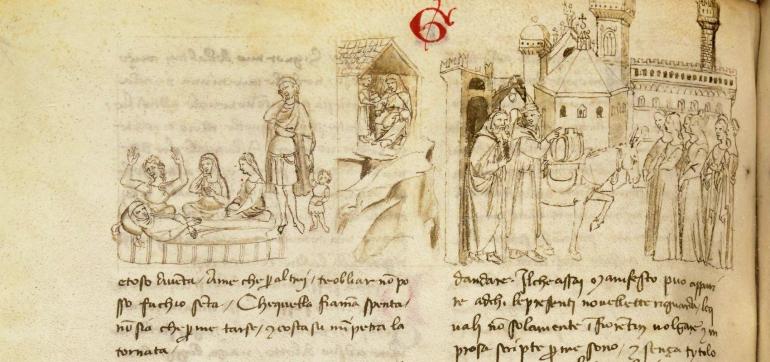 Image décorative : Giovanni Boccaccio, Décameron – Incipit de la quatrième journée avec une vue des principaux monuments de la ville de Florence (Baptistère et Palazzo vecchio) - 1360-1370 - BnF, département des Manuscrits. italien 482