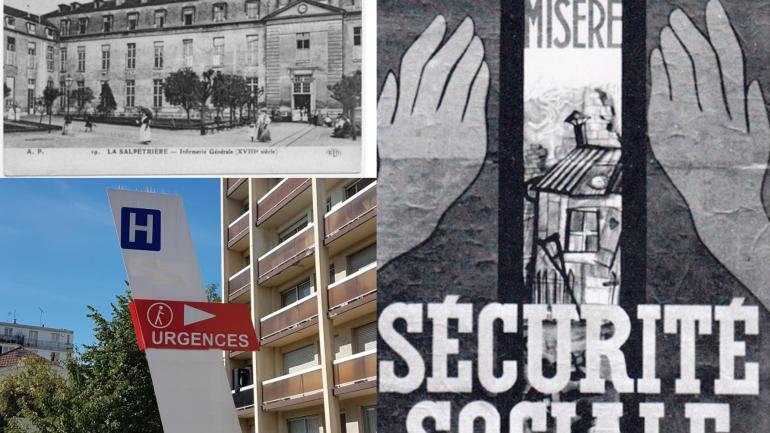 Collage d'une photo de l'Hôpital de la Salpétrière, d'une affiche de 1945 (création de la Sécurité sociale), et d'un panneau de signalisation de l'AP-HP