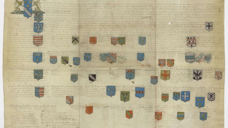 Généalogie armoriée des familles de La Motte et Du Roux, dressé au début du XVIIe siècle et remontant au XIVe siècle © Archives nationales, MC/RS//836