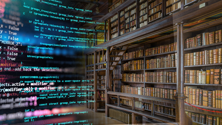 Image décorative : montage basé sur une photo de la bibliothèque Duke Humfrey & lignes de code informatique