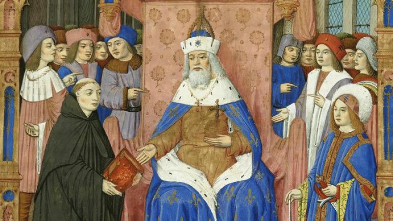 Image décorative : "Sigebert de Gembloux remettant sa chronique universelle à l'empereur. Frontispice d'un manuscrit du XVe siècle par le Maître de Robert Gaguin"