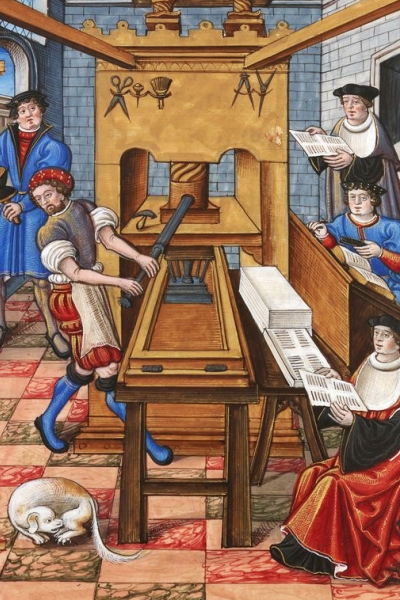 Atelier d'imprimerie (BnF, ms. Français, 1537) Chants royaux sur la Conception couronnés au Puy de Rouen, Étienne Collaud, 1530