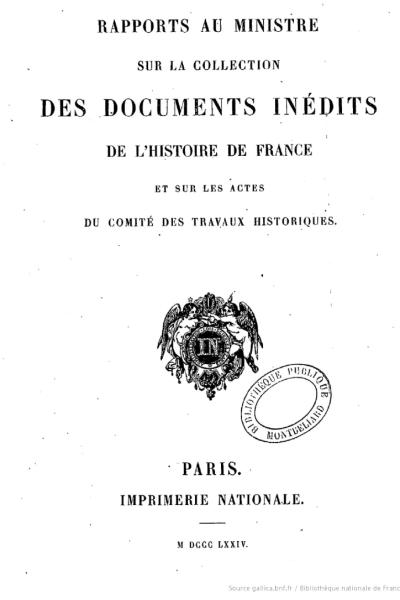 Couverture du Rapport au ministre sur les documents inédits de l'histoire de France